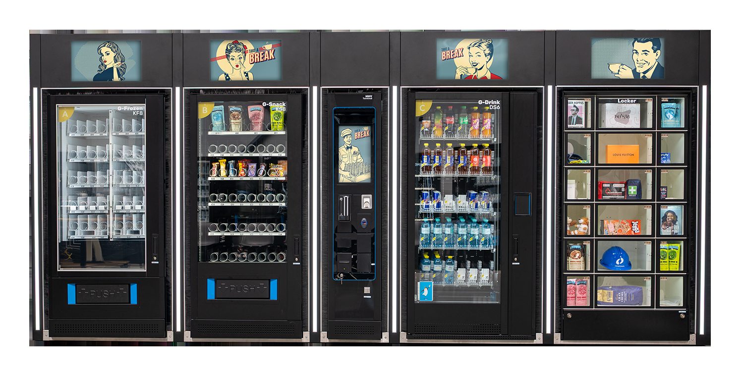 Automatenstore Frontansicht: Verkaufsautomaten G-Frozen KF8, G-Snack KS8, MMV Terminal, G-Drink DS6 und G-Locker