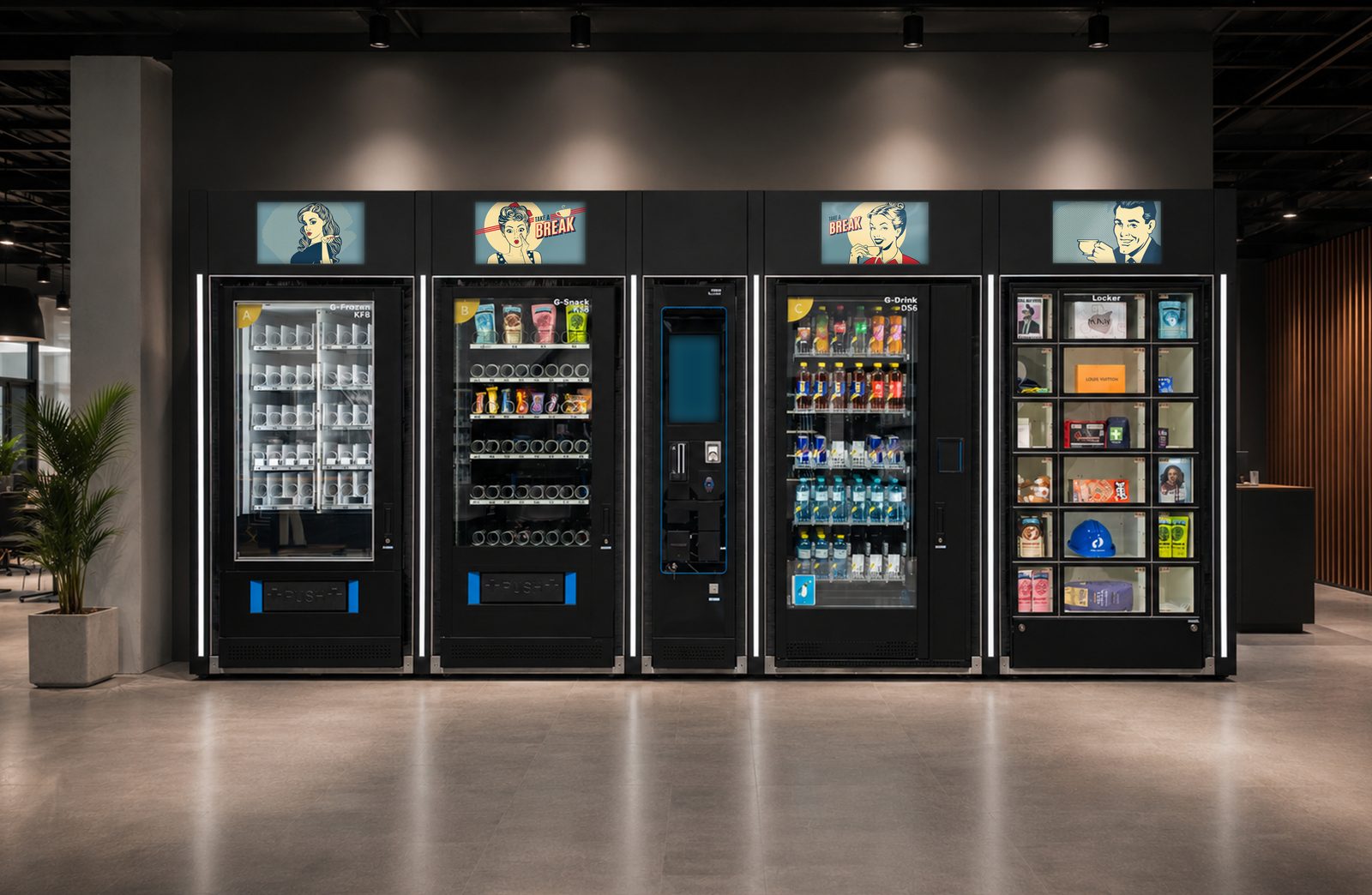 Automatenstore in einem Foyer mit beleuchteten Werbetoppern über den Verkaufsautomaten